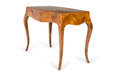 Italian Mid Century Oyster Burl Three Drawer Sabre Leg Writing Desk