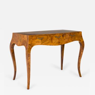 Italian Mid Century Oyster Burl Three Drawer Sabre Leg Writing Desk