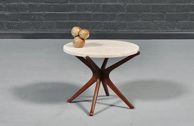 Italian Mid Century Sculpted Wood Travertine Side Table