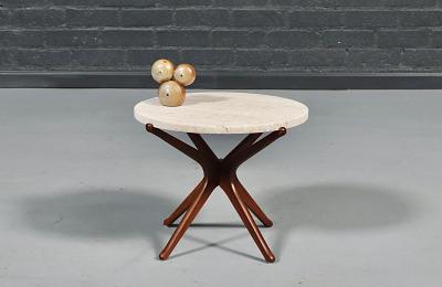 Italian Mid Century Sculpted Wood Travertine Side Table