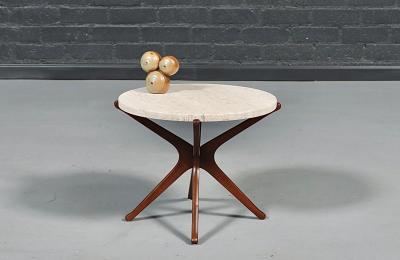 Italian Mid Century Sculpted Wood Travertine Side Table