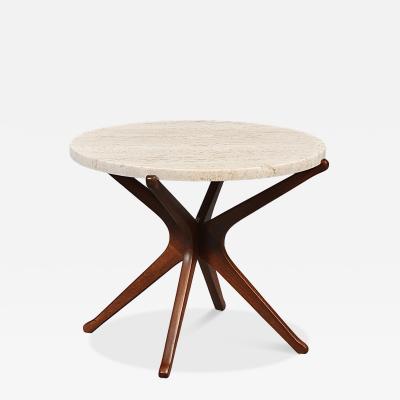Italian Mid Century Sculpted Wood Travertine Side Table