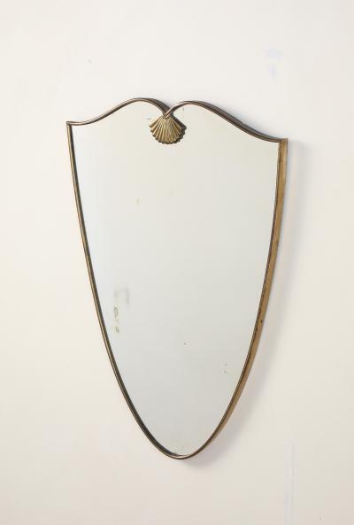 Italian Mid Century Shield Form Brass Mirror with Shell Crest circa 1950