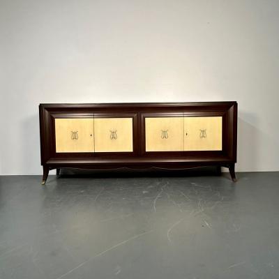 Italian Mid Century Sideboard Credenza Cabinet Parchment Mahogany 1950s