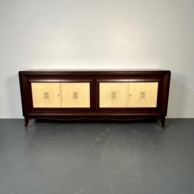 Italian Mid Century Sideboard Credenza Cabinet Parchment Mahogany 1950s