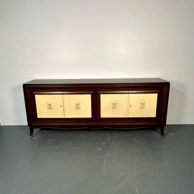 Italian Mid Century Sideboard Credenza Cabinet Parchment Mahogany 1950s