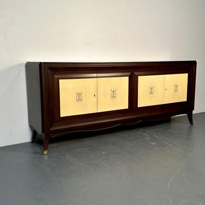 Italian Mid Century Sideboard Credenza Cabinet Parchment Mahogany 1950s