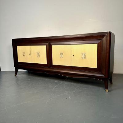 Italian Mid Century Sideboard Credenza Cabinet Parchment Mahogany 1950s