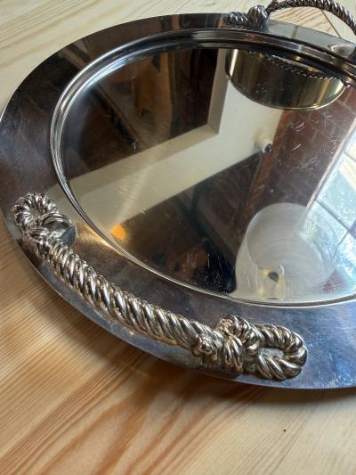 Italian Mid Century Silver Plated Oval Serving Tray with Rope Handles 1970s