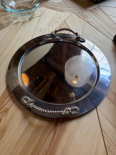 Italian Mid Century Silver Plated Oval Serving Tray with Rope Handles 1970s