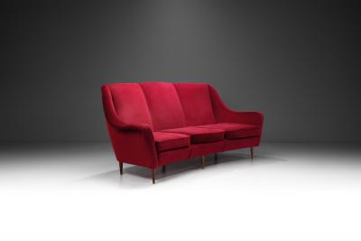 Italian Mid Century Three Seater Sofa in Red Velvet Italy 1950s