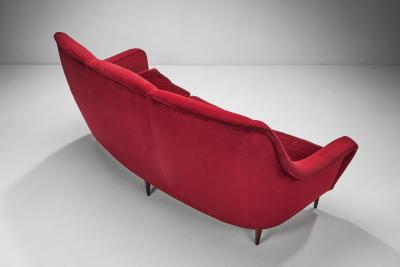 Italian Mid Century Three Seater Sofa in Red Velvet Italy 1950s