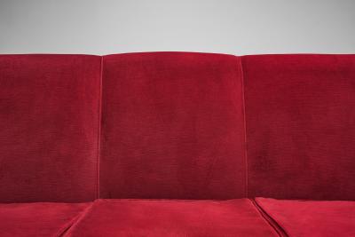 Italian Mid Century Three Seater Sofa in Red Velvet Italy 1950s
