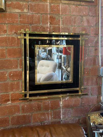 Italian Mid Century Wall Mirror Black Brass 1970s