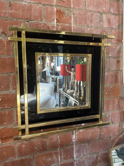 Italian Mid Century Wall Mirror Black Brass 1970s
