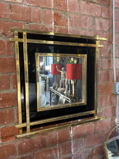 Italian Mid Century Wall Mirror Black Brass 1970s