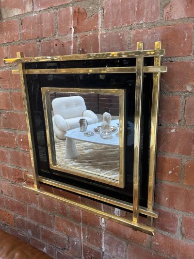 Italian Mid Century Wall Mirror Black Brass 1970s