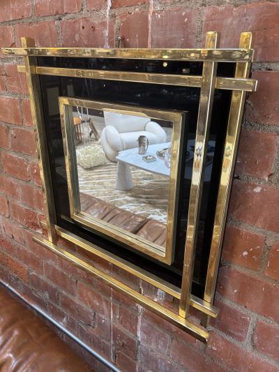Italian Mid Century Wall Mirror Black Brass 1970s
