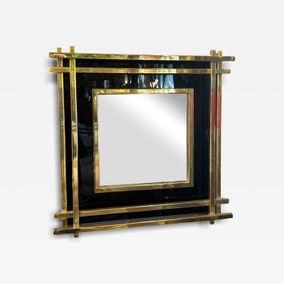 Italian Mid Century Wall Mirror Black Brass 1970s