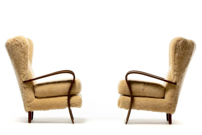 Italian Mid Century Wingback Chairs in Hand Sewn Champagne Shearling c 1960