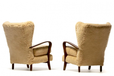 Italian Mid Century Wingback Chairs in Hand Sewn Champagne Shearling c 1960
