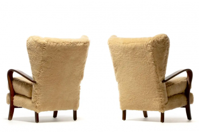 Italian Mid Century Wingback Chairs in Hand Sewn Champagne Shearling c 1960