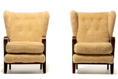 Italian Mid Century Wingback Chairs in Hand Sewn Champagne Shearling c 1960