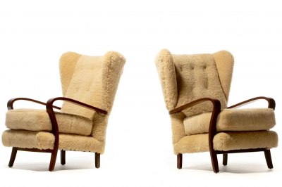 Italian Mid Century Wingback Chairs in Hand Sewn Champagne Shearling c 1960