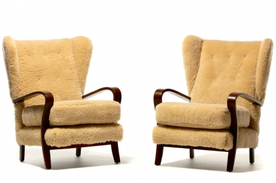 Italian Mid Century Wingback Chairs in Hand Sewn Champagne Shearling c 1960