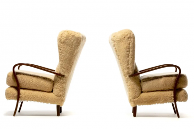 Italian Mid Century Wingback Chairs in Hand Sewn Champagne Shearling c 1960