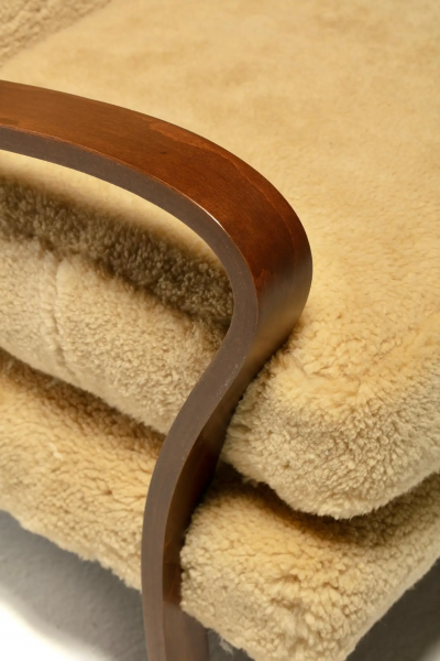 Italian Mid Century Wingback Chairs in Hand Sewn Champagne Shearling c 1960