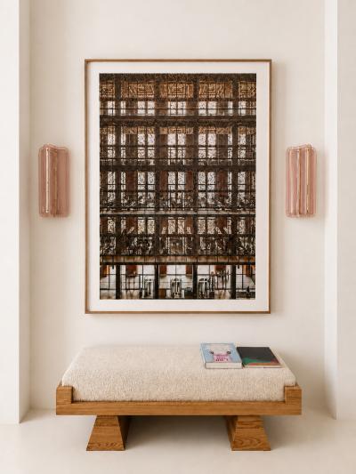 Italian Mid Modern Style Brass Wall Sconces With Pink Murano Glass Panels