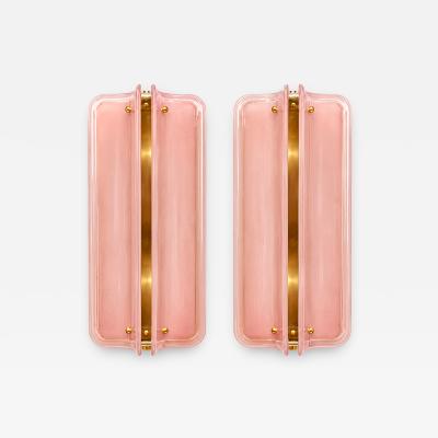 Italian Mid Modern Style Brass Wall Sconces With Pink Murano Glass Panels