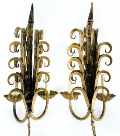 Italian Mid century Modern Gilt Wrought Iron Sconces from a New York City Estate