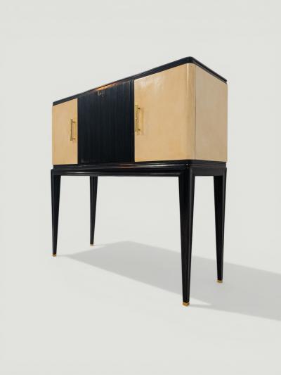 Italian Midcentury Black Lacquered Parchment Cabinet Bar or Sideboard 1950s