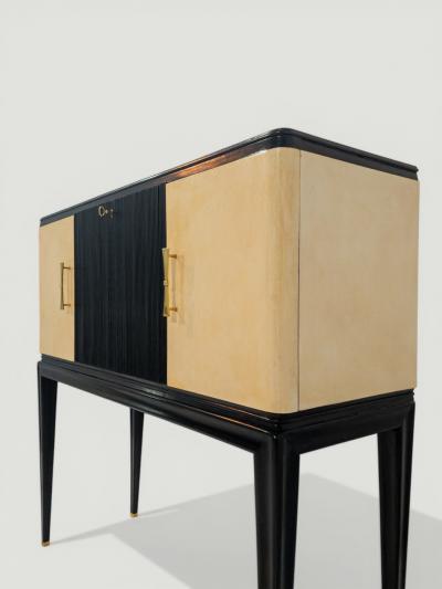 Italian Midcentury Black Lacquered Parchment Cabinet Bar or Sideboard 1950s