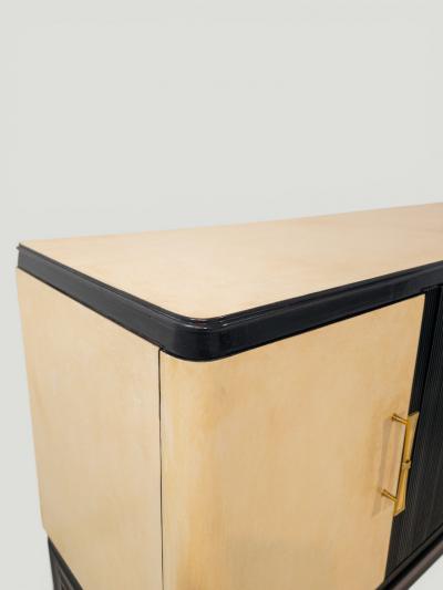 Italian Midcentury Black Lacquered Parchment Cabinet Bar or Sideboard 1950s
