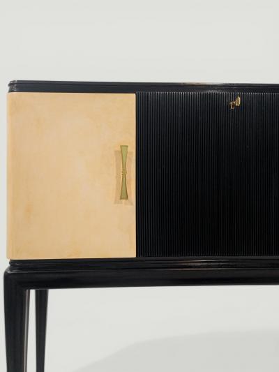 Italian Midcentury Black Lacquered Parchment Cabinet Bar or Sideboard 1950s