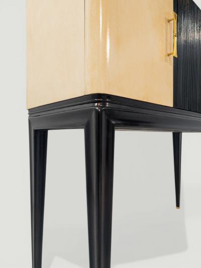 Italian Midcentury Black Lacquered Parchment Cabinet Bar or Sideboard 1950s