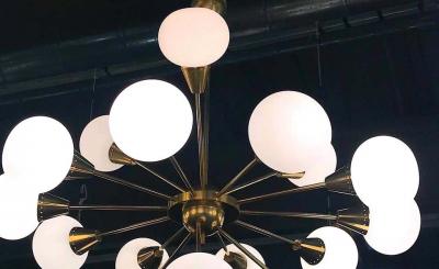 Italian Midcentury Brass and Opaline Murano Glass Large Sputnik Chandelier