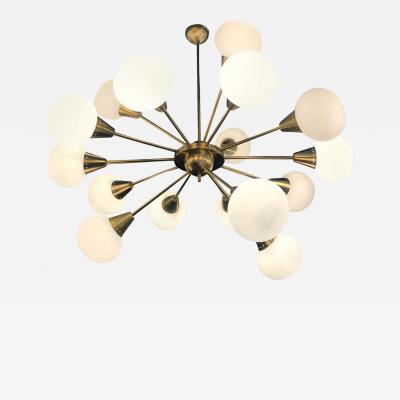 Italian Midcentury Brass and Opaline Murano Glass Large Sputnik Chandelier