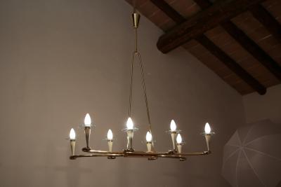 Italian Midcentury Gold and Ivory Color Eight Lights Chandelier 1950s