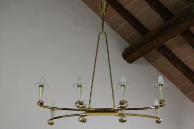 Italian Midcentury Gold and Ivory Color Eight Lights Chandelier 1950s