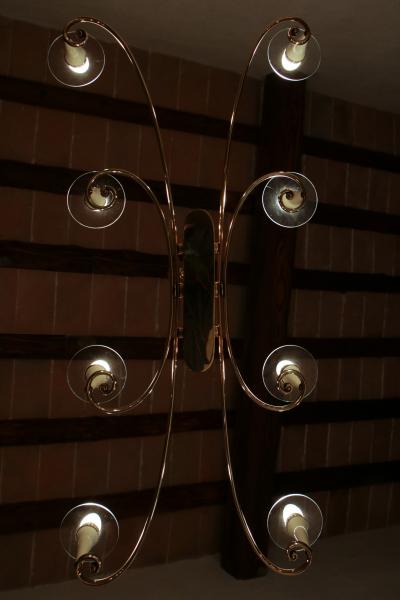 Italian Midcentury Gold and Ivory Color Eight Lights Chandelier 1950s