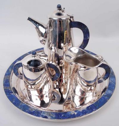 Italian Midcentury Modern Silver Hardstone Coffee Set on Tray