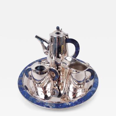 Italian Midcentury Modern Silver Hardstone Coffee Set on Tray
