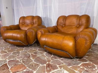 Italian Midcentury Natural Leather Space Age Armchairs 1970s