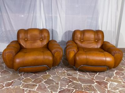 Italian Midcentury Natural Leather Space Age Armchairs 1970s
