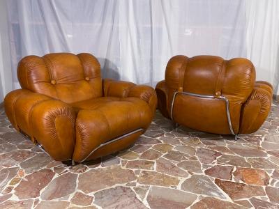Italian Midcentury Natural Leather Space Age Armchairs 1970s