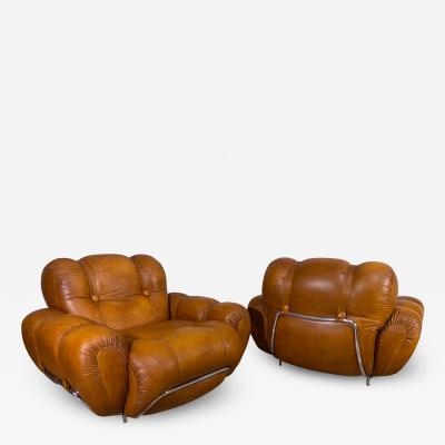 Italian Midcentury Natural Leather Space Age Armchairs 1970s